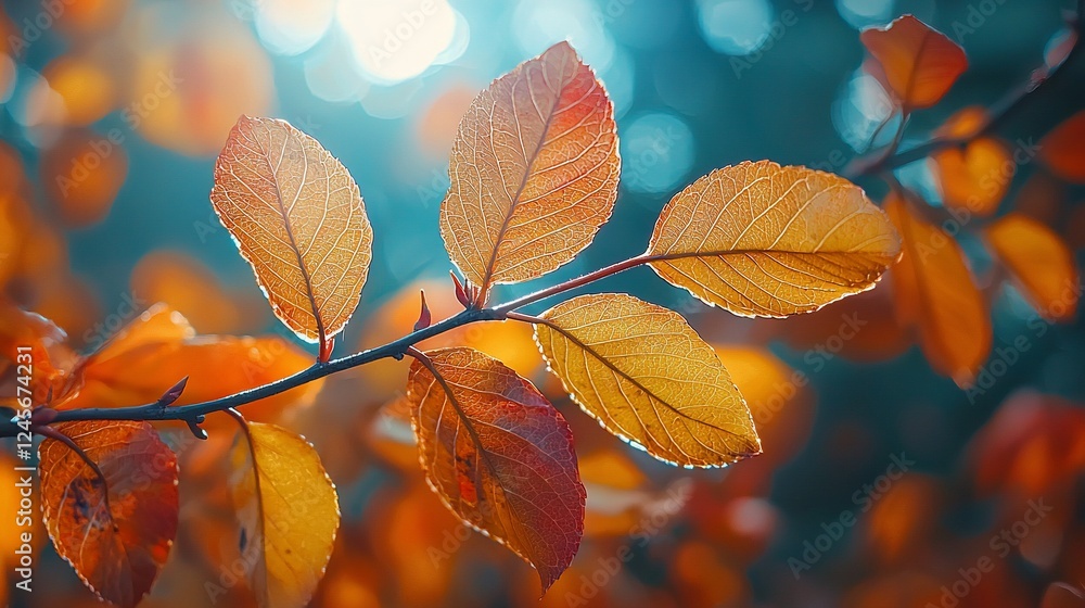 Autumn leaves branch sunlight bokeh forest background nature Autumn leaves branch sunlight bokeh forest background nature