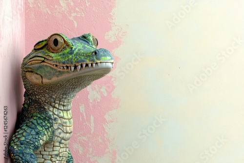 A whimsical sculpture of a crocodile-like creature in a corner. photo