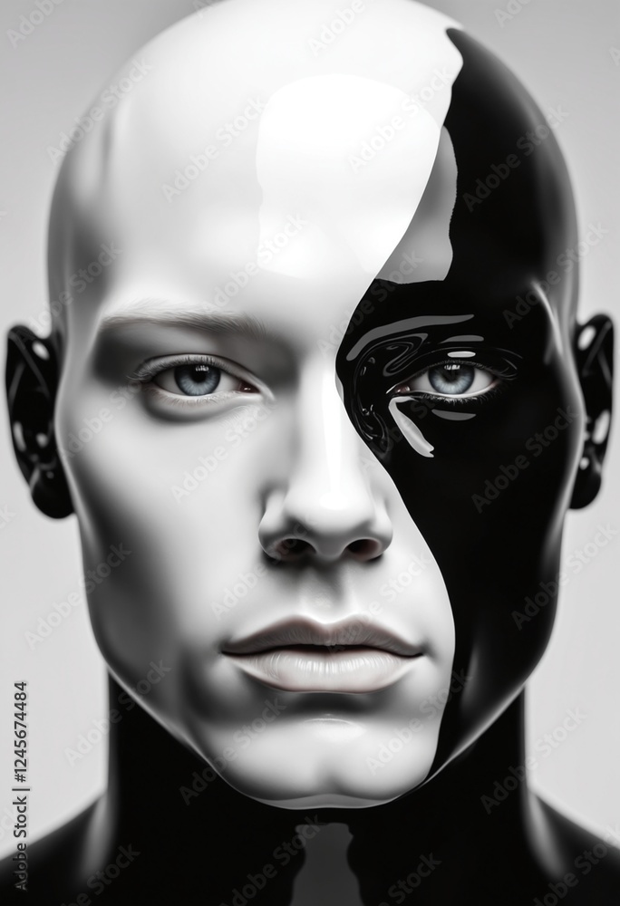 Artistic close-up of a male supermodel in glossy ceramic material, deep eyes Artistic close-up of a male supermodel in glossy ceramic material, deep eyes