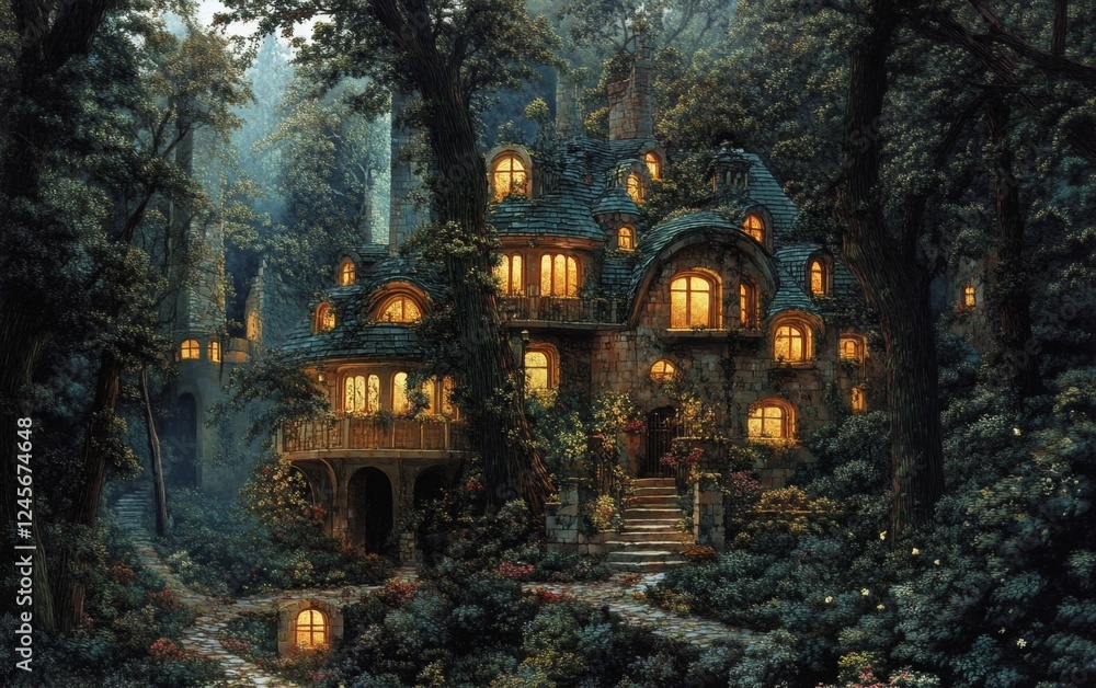 Enchanting Forest House Night Lights in Woods Enchanting Forest House Night Lights in Woods