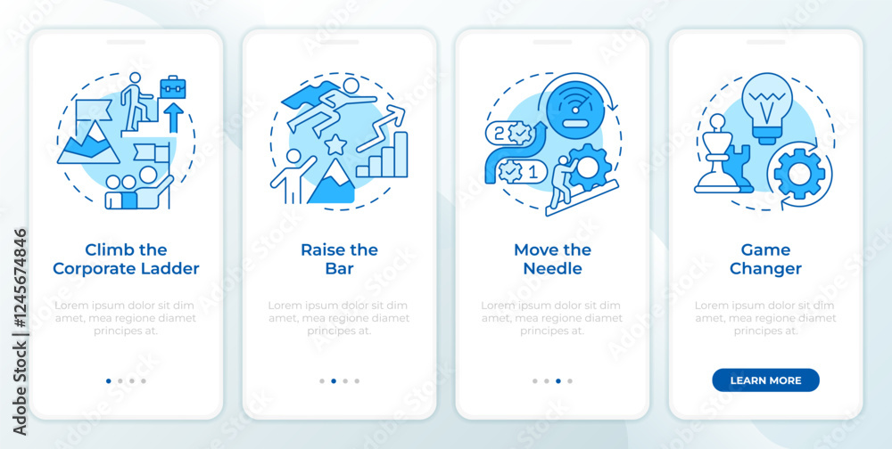 Fototapeta premium Company hierarchy blue onboarding mobile app screen. Walkthrough 4 steps editable graphic instructions with linear concepts. UI, UX, GUI template. Montserrat SemiBold, Regular fonts used