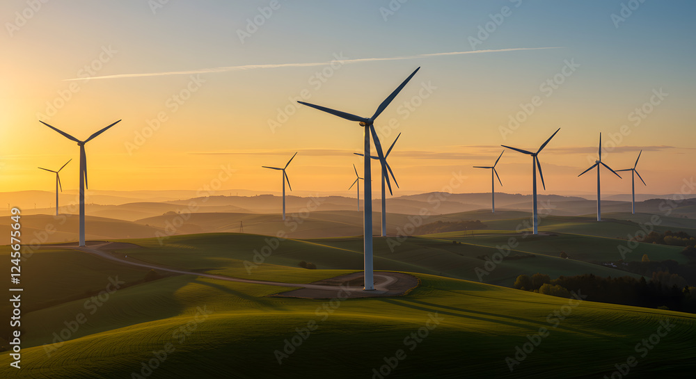 Obraz premium Wind turbines stand tall over rolling hills at sunrise, showcasing sustainable energy. Breathtaking landscape at sunrise featuring a wind farm atop rolling hills covered in vibrant green fields
