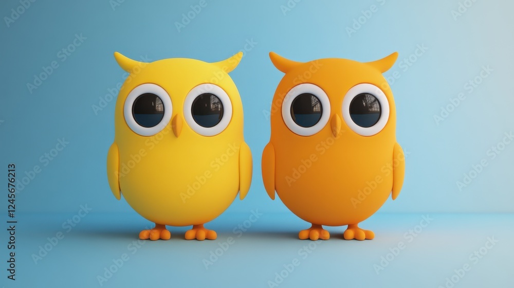 Two cute cartoon owls in yellow and orange, set against a blue background. Two cute cartoon owls in yellow and orange, set against a blue background.
