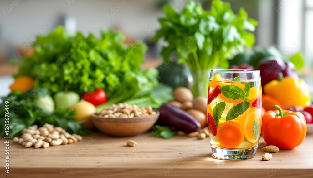 Refreshing Fruit Infused Water with Fresh Vegetables and Nuts on a Wooden Surface. A close-up image of a glass of fruit infused water, featuring slices of apricots, strawberries, and citrus fruits Refreshing Fruit Infused Water with Fresh Vegetables and Nuts on a Wooden Surface. A close-up image of a glass of fruit infused water, featuring slices of apricots, strawberries, and citrus fruits