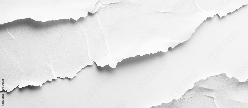 Torn white paper texture featuring rough edges layered in subtle depth creating an ideal background for design projects and visual displays. Torn white paper texture featuring rough edges layered in subtle depth creating an ideal background for design projects and visual displays.