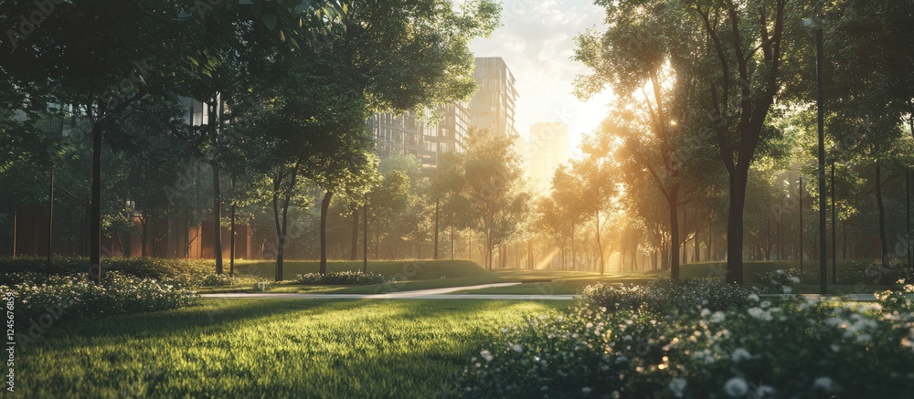 Vibrant sunlit park scene with lush green grass and trees, highlighting sustainability concepts in urban landscapes with a serene, natural atmosphere. Vibrant sunlit park scene with lush green grass and trees, highlighting sustainability concepts in urban landscapes with a serene, natural atmosphere.
