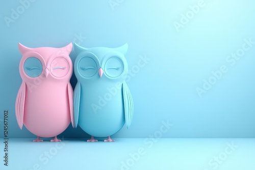 Two cute, stylized owls in pink and blue against a soft blue background.