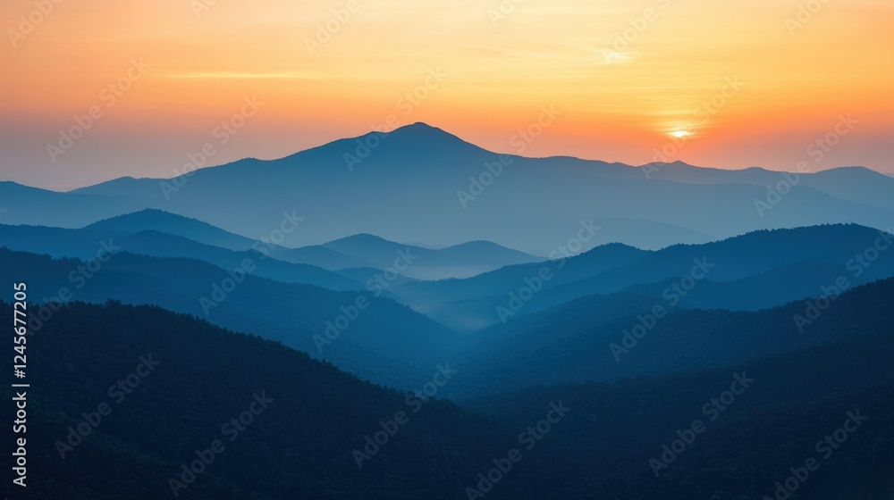 Cultural iconic Thailand, A serene sunset view over layered mountains, showcasing soft blue hues and an enchanting orange sky. Cultural iconic Thailand, A serene sunset view over layered mountains, showcasing soft blue hues and an enchanting orange sky.