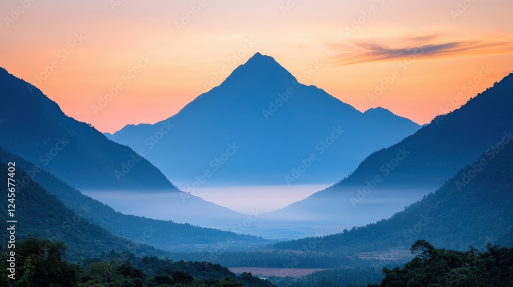 Cultural iconic Thailand, A tranquil mountain landscape at sunrise, featuring layered valleys and a prominent peak bathed in soft, warm colors. Cultural iconic Thailand, A tranquil mountain landscape at sunrise, featuring layered valleys and a prominent peak bathed in soft, warm colors.