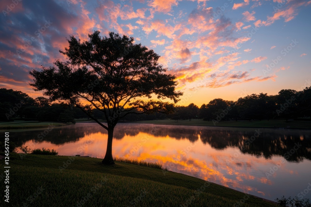 Fototapeta premium Serene Sunrise Over Peaceful Lake With Solitary Tree