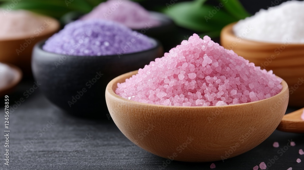 Pink bath salts in a wooden bowl, surrounded by other colorful salts on a dark surface, creating a serene atmosphere. Pink bath salts in a wooden bowl, surrounded by other colorful salts on a dark surface, creating a serene atmosphere.