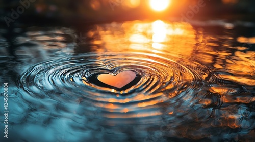 Heart-shaped ripples, delicate and light, expanded across the still water, mirroring the gentle warmth of the sunny day, symbolizing love and calm