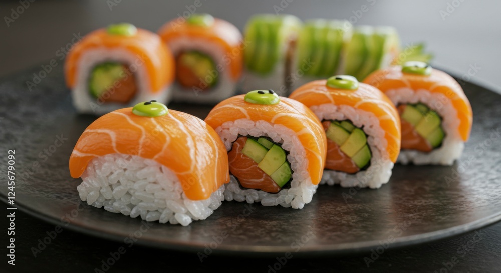 Colorful sushi platter featuring salmon and cucumber rolls on a dark plate, with fresh vegetables Colorful sushi platter featuring salmon and cucumber rolls on a dark plate, with fresh vegetables