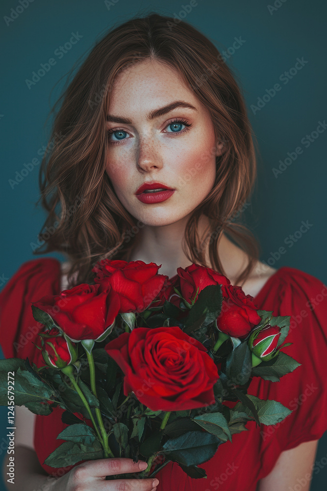 A Woman in red dress, blue eyes, hand holding a bouquet of roses. feeling like valentines. A Woman in red dress, blue eyes, hand holding a bouquet of roses. feeling like valentines.