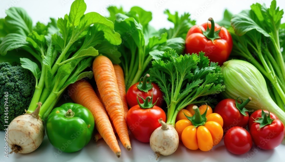 Assortment of fresh leafy greens and root vegetables , still life, bounty Assortment of fresh leafy greens and root vegetables , still life, bounty