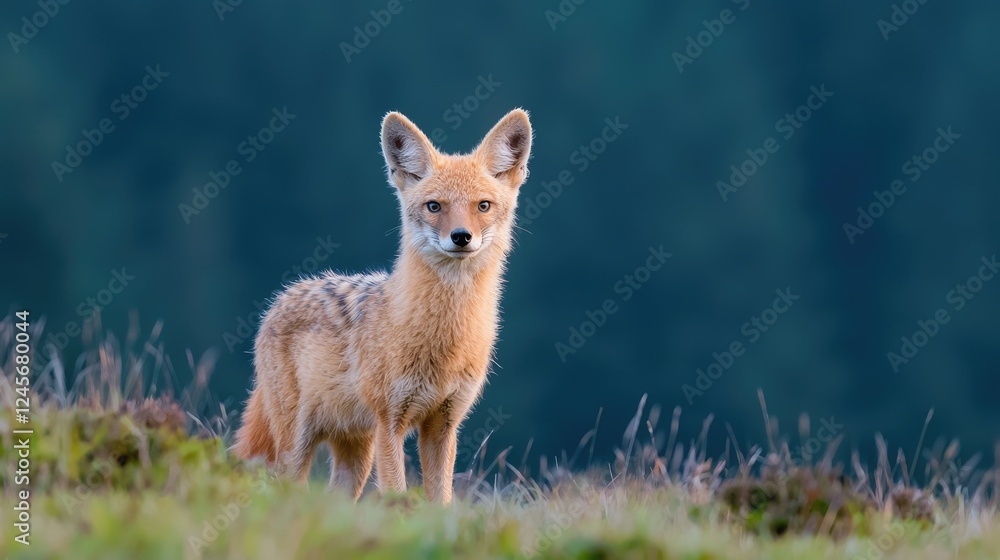 Obraz premium Golden jackal standing alert in mountain meadow