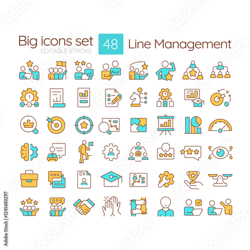 Line management RGB color icons set. Supervising production and delivery team. Corporate hierarchy. Isolated vector illustrations. Simple filled line drawings collection. Editable stroke