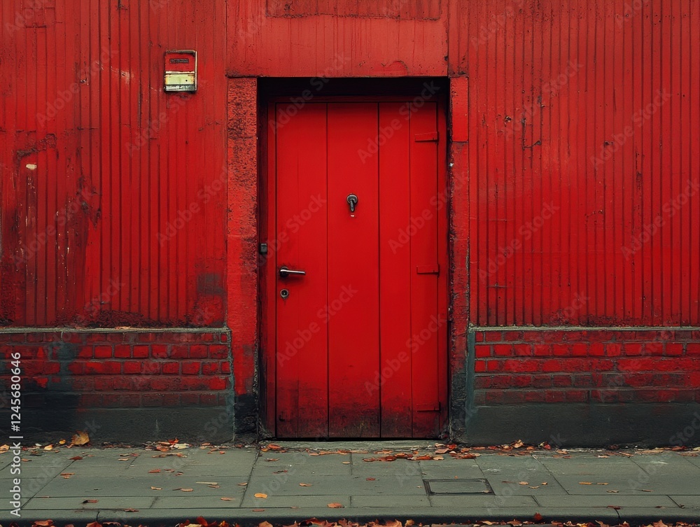 Red door on red building with abstract minimalism and zen elements in outdoor urban setting Red door on red building with abstract minimalism and zen elements in outdoor urban setting