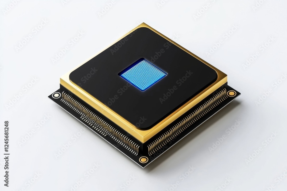 Gold-rimmed processor chip on white background, studio shot, technology Gold-rimmed processor chip on white background, studio shot, technology