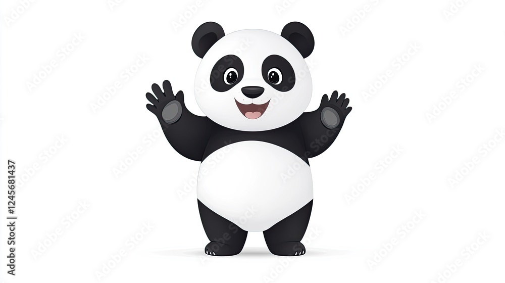 Fototapeta premium Cute cartoon panda character with a cheerful expression, waving in a simple white background