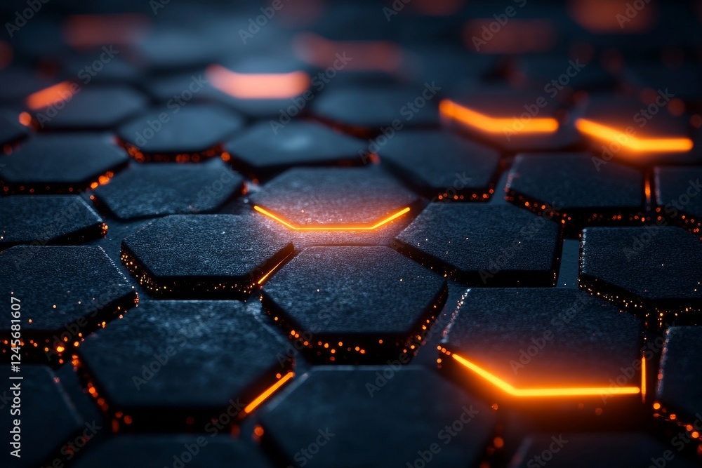 Abstract 3D rendering of futuristic hexagonal grids with luminous edges., Generative AI Abstract 3D rendering of futuristic hexagonal grids with luminous edges., Generative AI