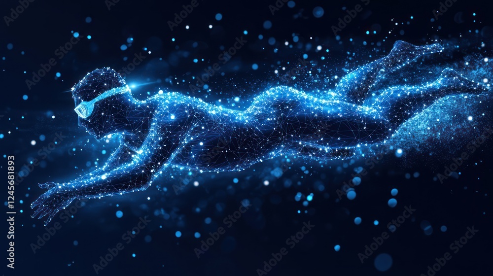 Abstract swimmer figure composed of glowing particles in dark blue background. Abstract swimmer figure composed of glowing particles in dark blue background.