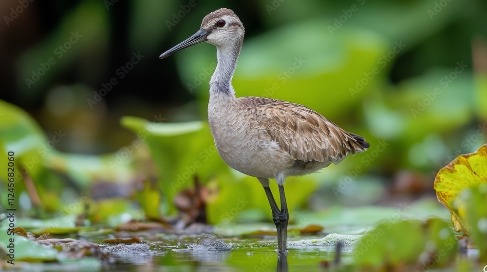 Fototapeta premium Juvenile Stilt Wading in a Lush Green Wetland
