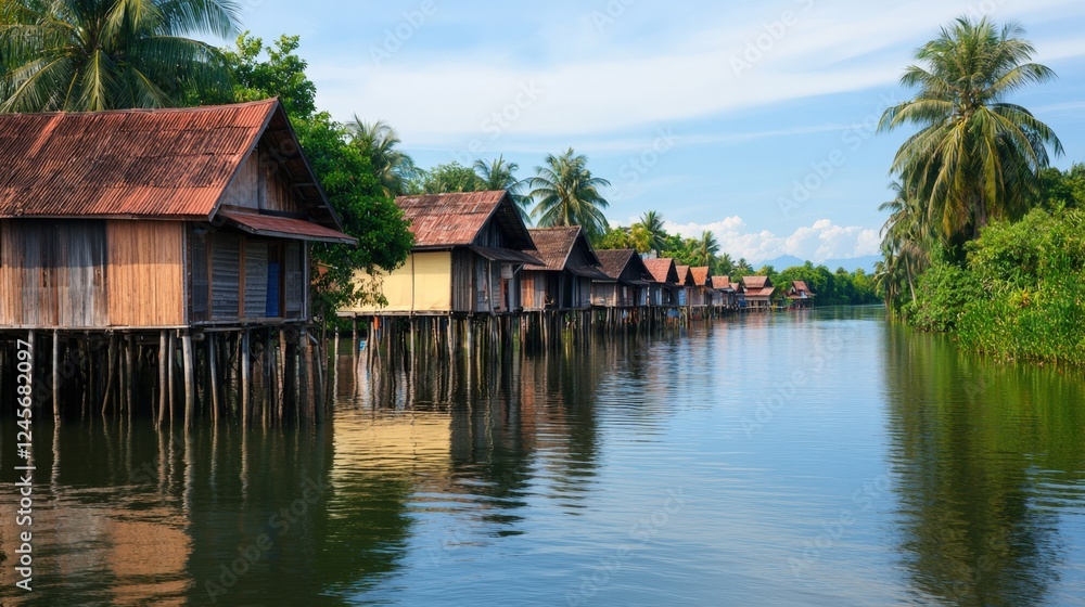 Cultural iconic Thailand, A serene riverside scene featuring traditional wooden houses on stilts, surrounded by lush greenery and reflecting in the calm water under a blue sky. Cultural iconic Thailand, A serene riverside scene featuring traditional wooden houses on stilts, surrounded by lush greenery and reflecting in the calm water under a blue sky.
