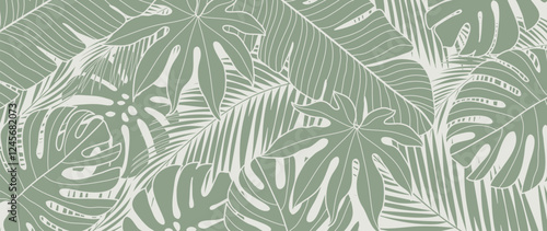 Tropical leaves background vector. Natural jungle monstera palm leaves design in minimal pale green color with contour line art. Design for fabric, print, cover, banner, decoration, wallpaper.