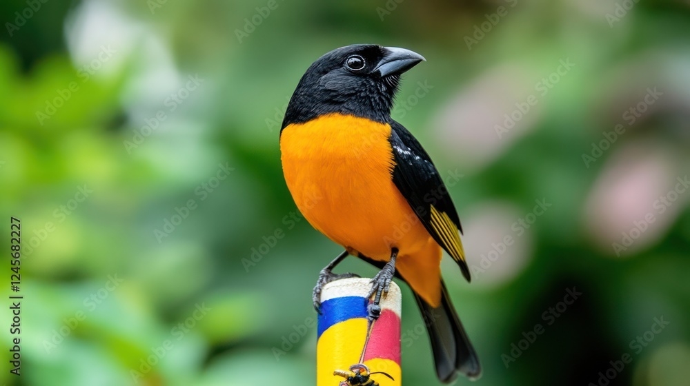 Orange bird perched, tropical garden background, wildlife photography, nature stock Orange bird perched, tropical garden background, wildlife photography, nature stock