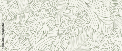 Tropical leaves background vector. Natural jungle monstera palm leaves design in minimal pale green color with contour line art. Design for fabric, print, cover, banner, decoration, wallpaper.
