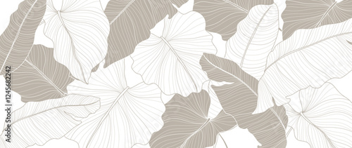 Tropical leaves background vector. Natural jungle monstera palm leaves design in minimal pale green color with contour line art. Design for fabric, print, cover, banner, decoration, wallpaper.