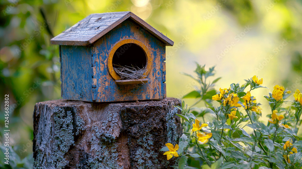 Rustic Birdhouse on Tree Stump, Nest, Yellow Flowers, Spring Garden, Nature Photography Rustic Birdhouse on Tree Stump, Nest, Yellow Flowers, Spring Garden, Nature Photography