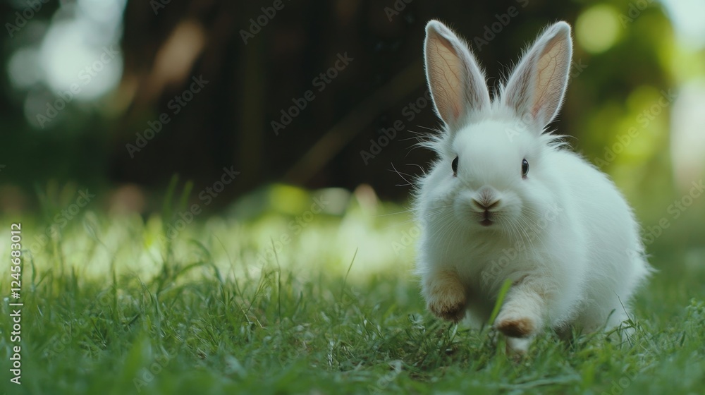Obraz premium Adorable White Bunny Running in Grass