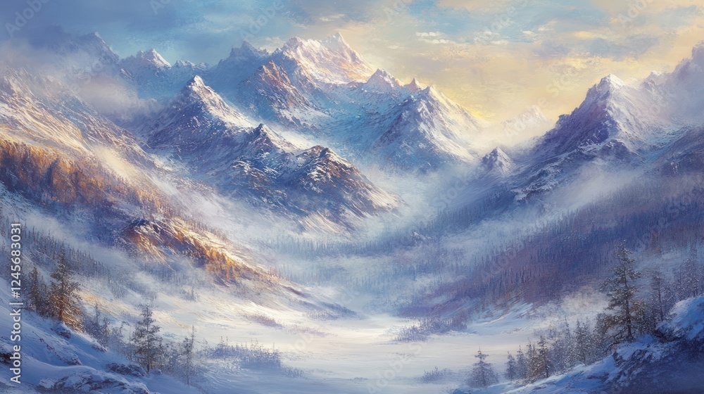Obraz premium A peaceful winter landscape featuring majestic snow-covered mountains, with mist rolling through the valleys, creating an ethereal mood.