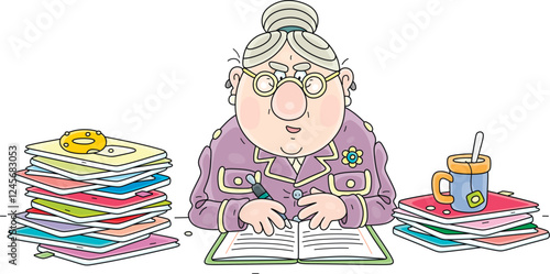 Grumbling and strict school old teacher checking exercise books with homework and classwork of her students, vector cartoon illustration on a white background