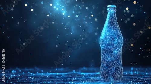 Glowing polygonal glass bottle on dark background.