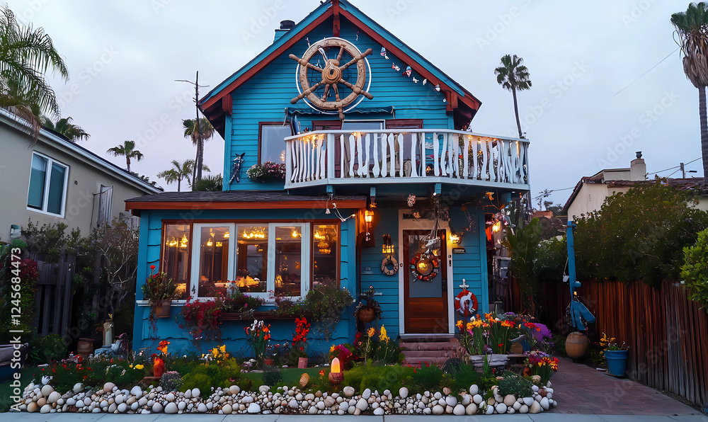 Fototapeta premium Nautical-Themed Cottage with a Crow's Nest Balcony for a Seaside Retreat with Coastal Views