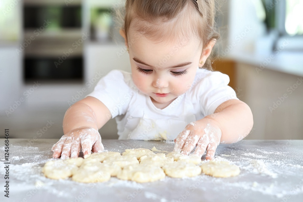 Little Girl Enjoys Baking Cookies with Her Mother in a Cheerful Kitchen Setting Little Girl Enjoys Baking Cookies with Her Mother in a Cheerful Kitchen Setting