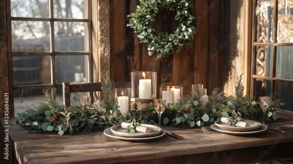 Elegant Rustic Dining Table Decor with Candles and Greenery