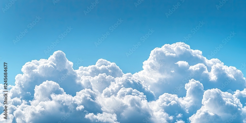 Naklejka premium Cumulus clouds in fluffy white formations against a bright blue sky with ample room for text insertion creating a serene atmospheric background.
