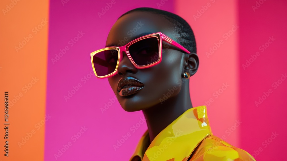 A sleek and trendy sunglasses ad featuring a fashionable model with a neon-inspired graphic layout, emphasizing luxury and style A sleek and trendy sunglasses ad featuring a fashionable model with a neon-inspired graphic layout, emphasizing luxury and style