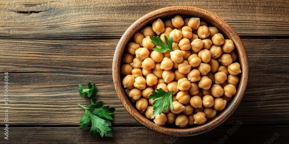 Chickpeas in a wooden bowl topped with fresh parsley on a rustic wooden table, highlighting earthy tones and natural textures. Chickpeas in a wooden bowl topped with fresh parsley on a rustic wooden table, highlighting earthy tones and natural textures.