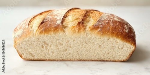 Freshly baked rustic white bread loaf with a golden-brown crust, displaying a soft interior, centered on a marble countertop with natural light.