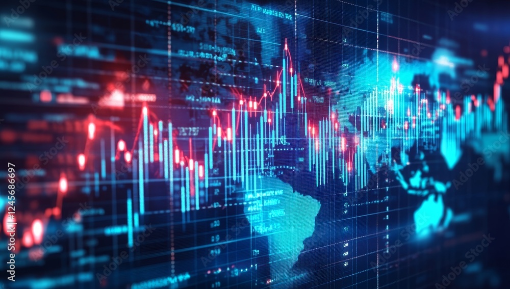 Global market data trends, digital screen, fluctuating graphs, world map background, financial analysis Global market data trends, digital screen, fluctuating graphs, world map background, financial analysis