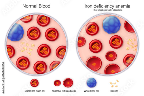 Comparison between normal blood and iron deficiency anemia vector. Blood smear. Medical education.