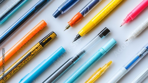19. A collection of assorted colored pens laid out on a white background