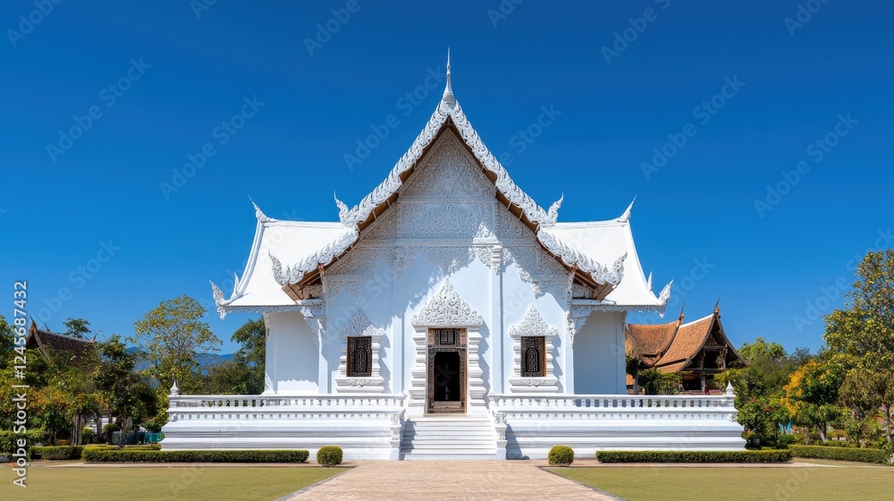 Cultural iconic Thailand, A stunning white temple with intricate architecture, set against a clear blue sky, surrounded by greenery and traditional Thai structures. Cultural iconic Thailand, A stunning white temple with intricate architecture, set against a clear blue sky, surrounded by greenery and traditional Thai structures.