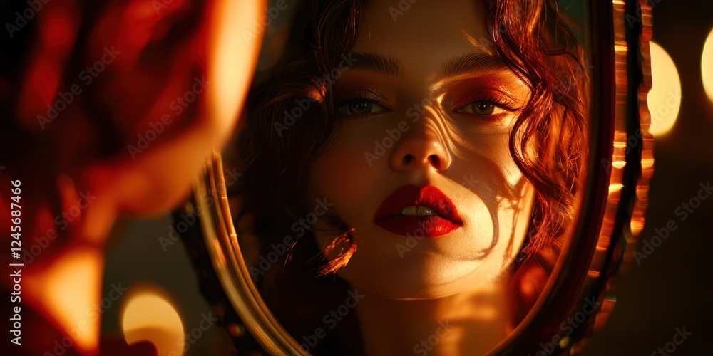 Fototapeta premium Woman is looking at her reflection in a mirror