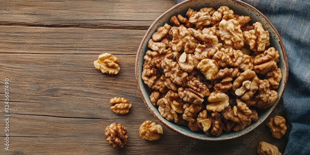 Bowl filled with shelled walnuts in earthy tones placed on rustic wooden table with scattered nuts and a gray linen napkin on the side Bowl filled with shelled walnuts in earthy tones placed on rustic wooden table with scattered nuts and a gray linen napkin on the side